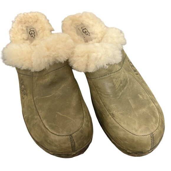 Ugg Australia Womens Size 8 Shearling Clogs Olive Green Leather Fur Lined Slip-O - Picture 2 of 7